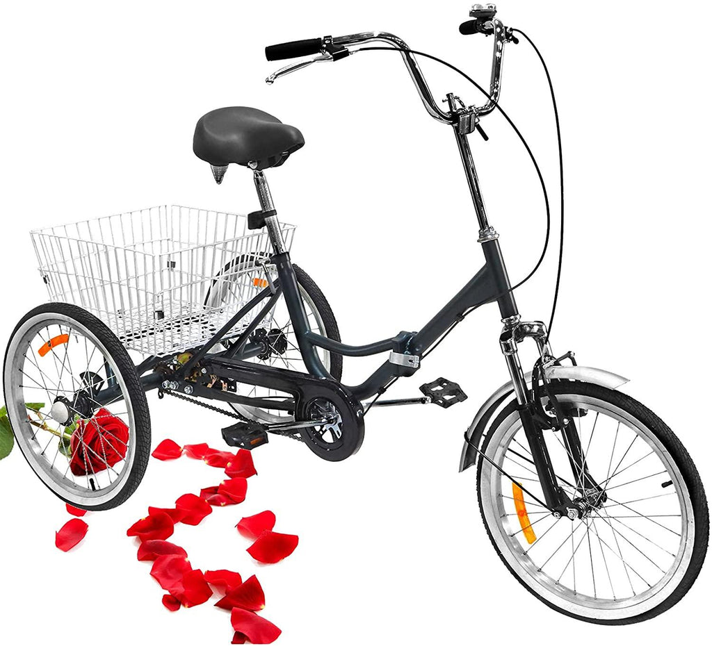 Folding Adult Tricycle 20 inch Three Wheel Tricycle for Adults Single Speed Womens Beach Cruiser Bike with LarBasket Adult Trikes for Seniors,Men,Women, Adjustable Height Seat for Recreation