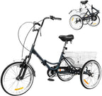 Folding Adult Tricycle 20 inch Three Wheel Tricycle for Adults Single Speed Womens Beach Cruiser Bike with LarBasket Adult Trikes for Seniors,Men,Women, Adjustable Height Seat for Recreation