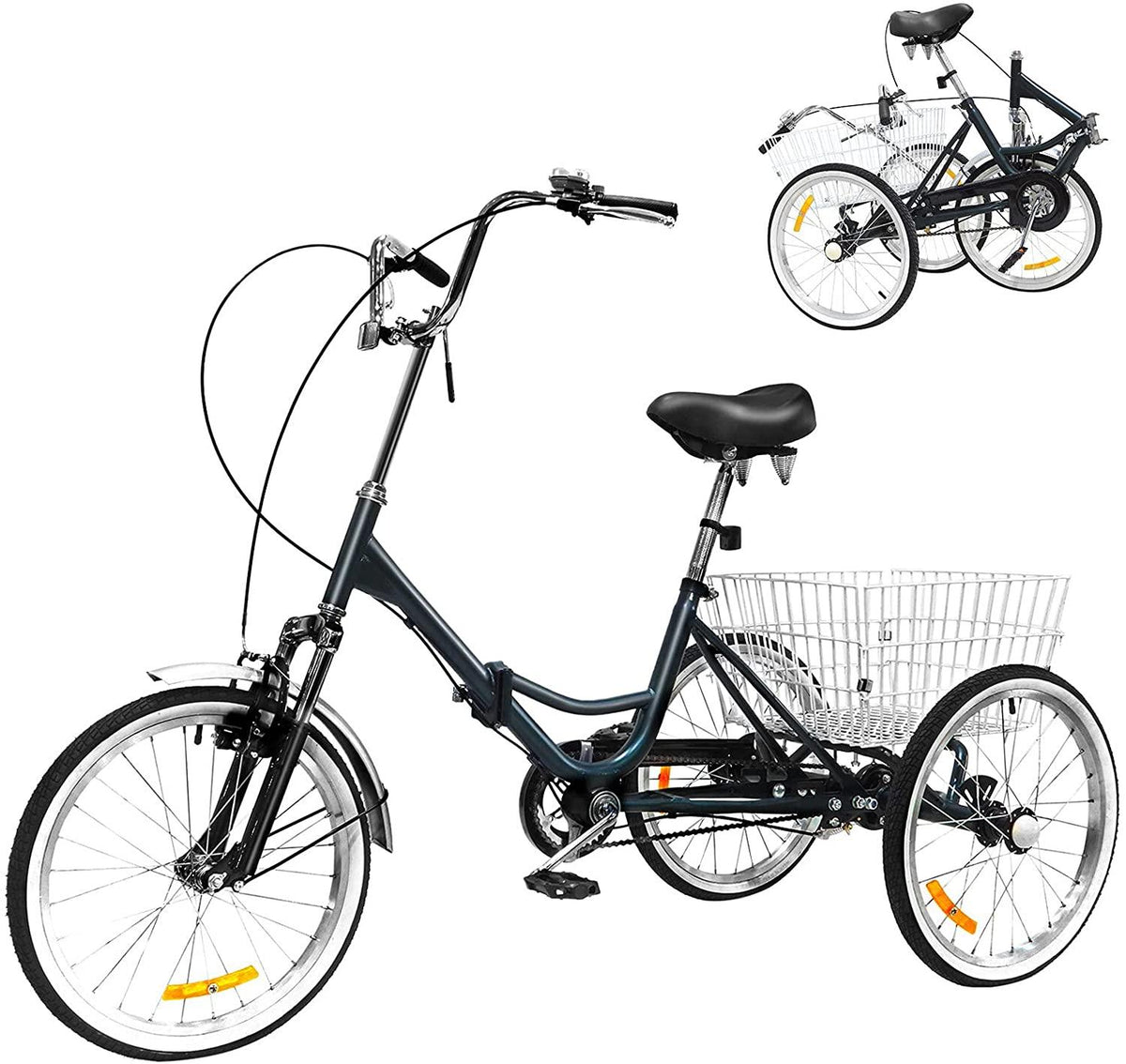 Folding Adult Tricycle 20 inch Three Wheel Tricycle for Adults Single Speed Womens Beach Cruiser Bike with LarBasket Adult Trikes for Seniors,Men,Women, Adjustable Height Seat for Recreation