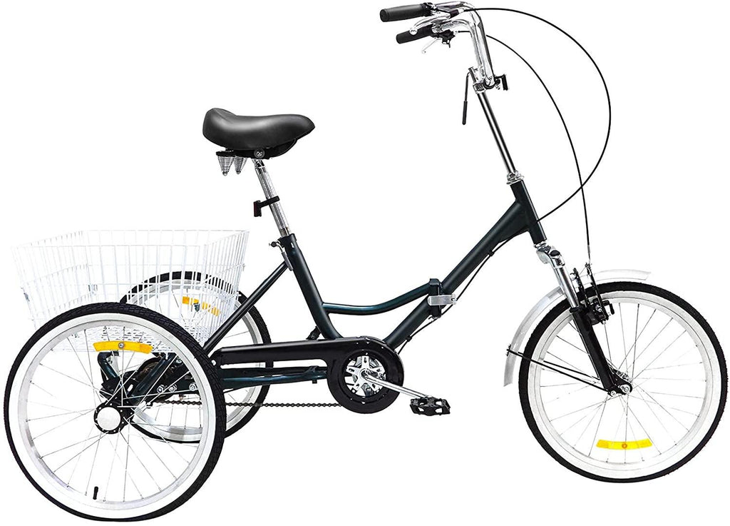 Folding Adult Tricycle 20 inch Three Wheel Tricycle for Adults Single Speed Womens Beach Cruiser Bike with LarBasket Adult Trikes for Seniors,Men,Women, Adjustable Height Seat for Recreation
