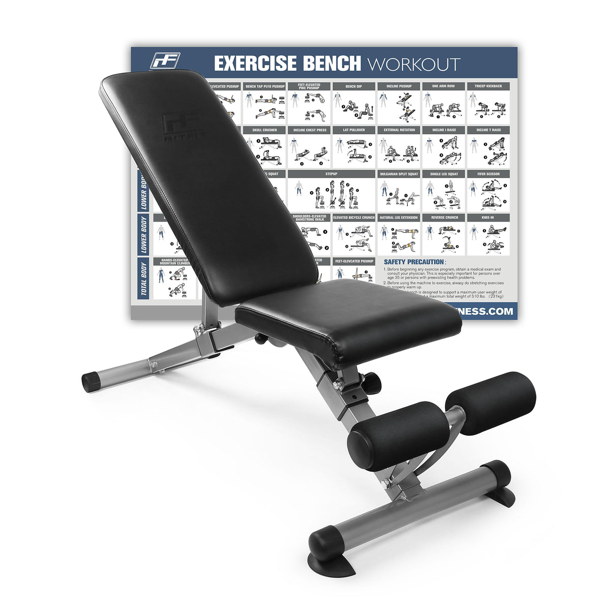 RitFit Adjustable Foldable Utility Weight Bench for Home Gym, Weightlifting and Strength Training - Bonus Workout Poster