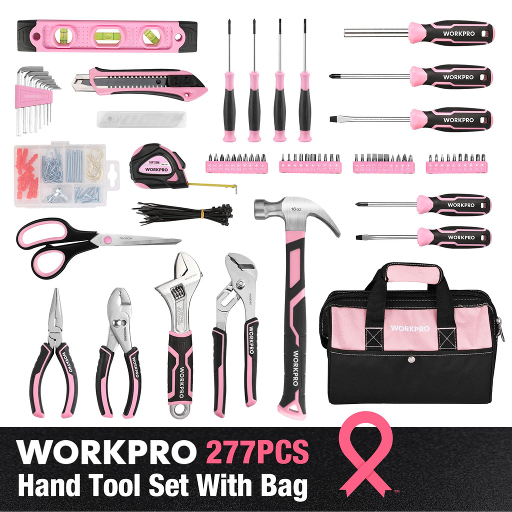 Pink Tool Set, 277 PCS Home Repairing Tool Kit, Pink Tool Bag with 13-Inch Wide Mouth Open StoraBag, Portable Home Tool Kit Including Hammer, Screwdriver, and Household Tools - Pink Ribbon