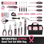 Pink Tool Set, 277 PCS Home Repairing Tool Kit, Pink Tool Bag with 13-Inch Wide Mouth Open StoraBag, Portable Home Tool Kit Including Hammer, Screwdriver, and Household Tools - Pink Ribbon