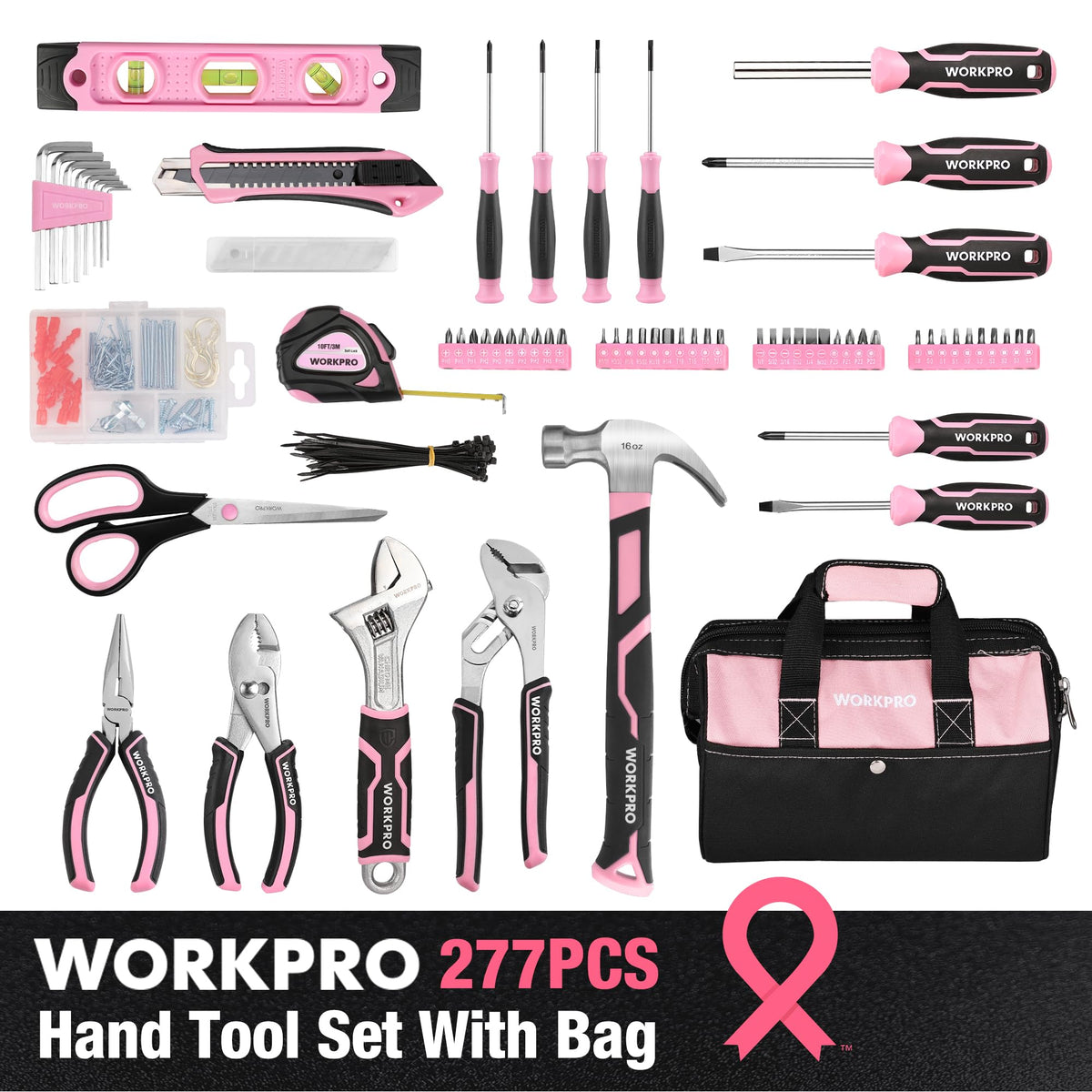 Pink Tool Set, 277 PCS Home Repairing Tool Kit, Pink Tool Bag with 13-Inch Wide Mouth Open StoraBag, Portable Home Tool Kit Including Hammer, Screwdriver, and Household Tools - Pink Ribbon