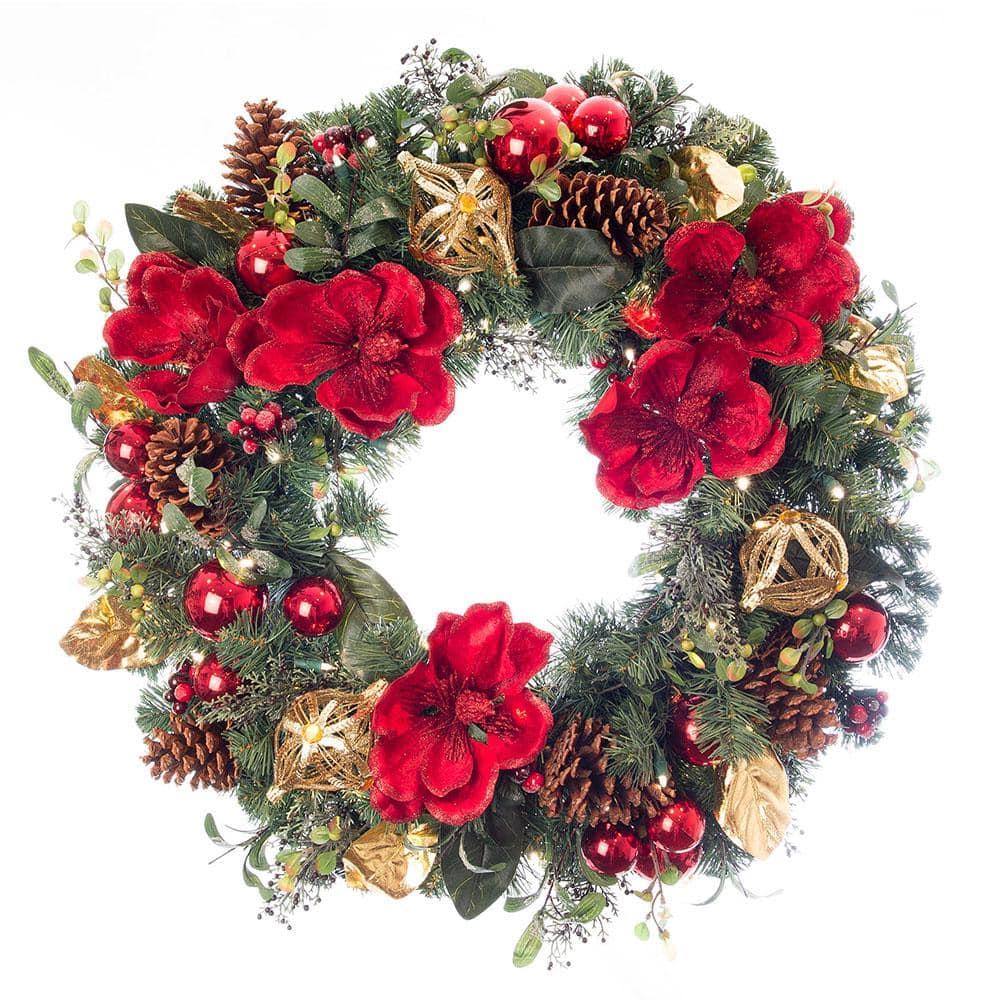 30 in. Artificial Pre-Lit LED Red Magnolia Wreath