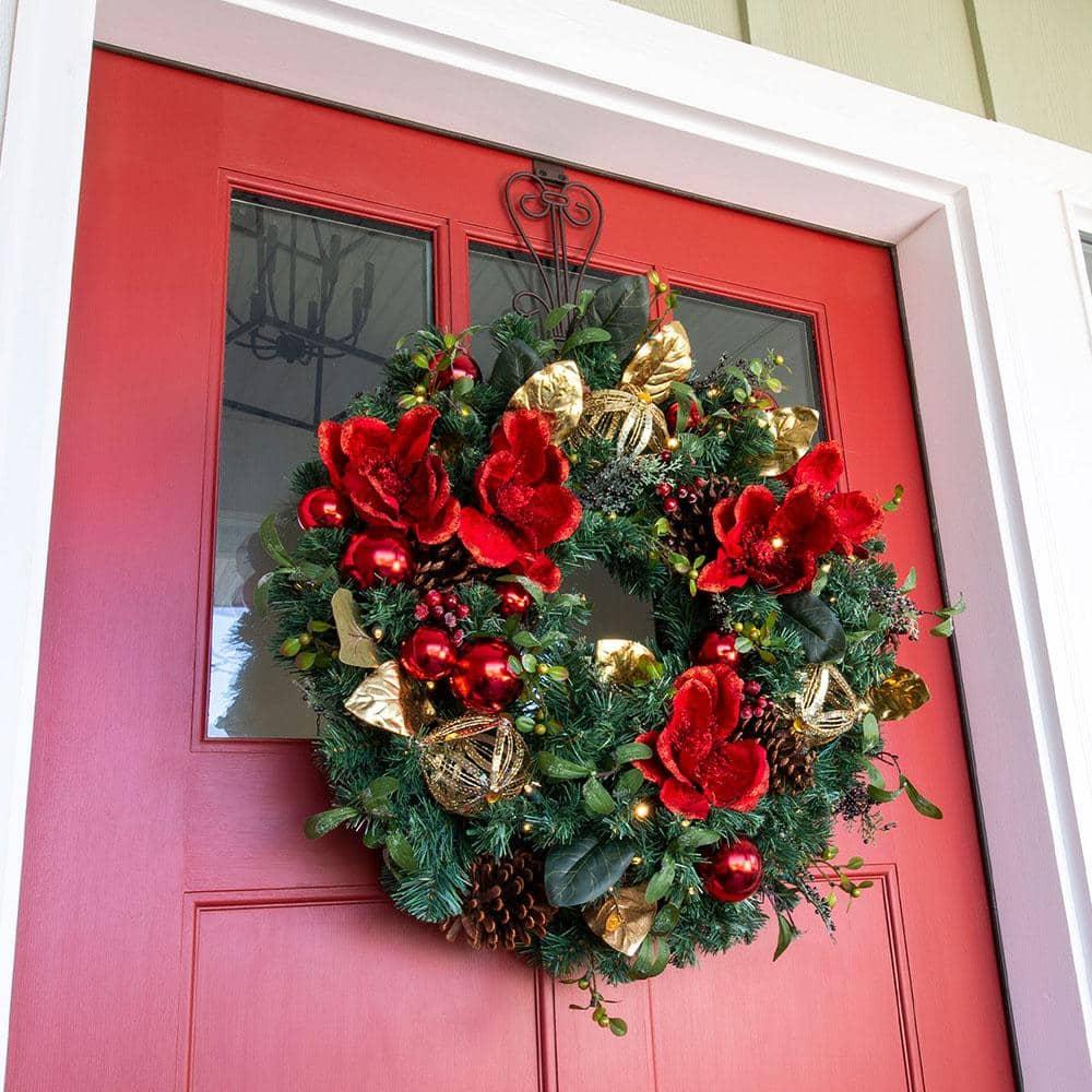 30 in. Artificial Pre-Lit LED Red Magnolia Wreath