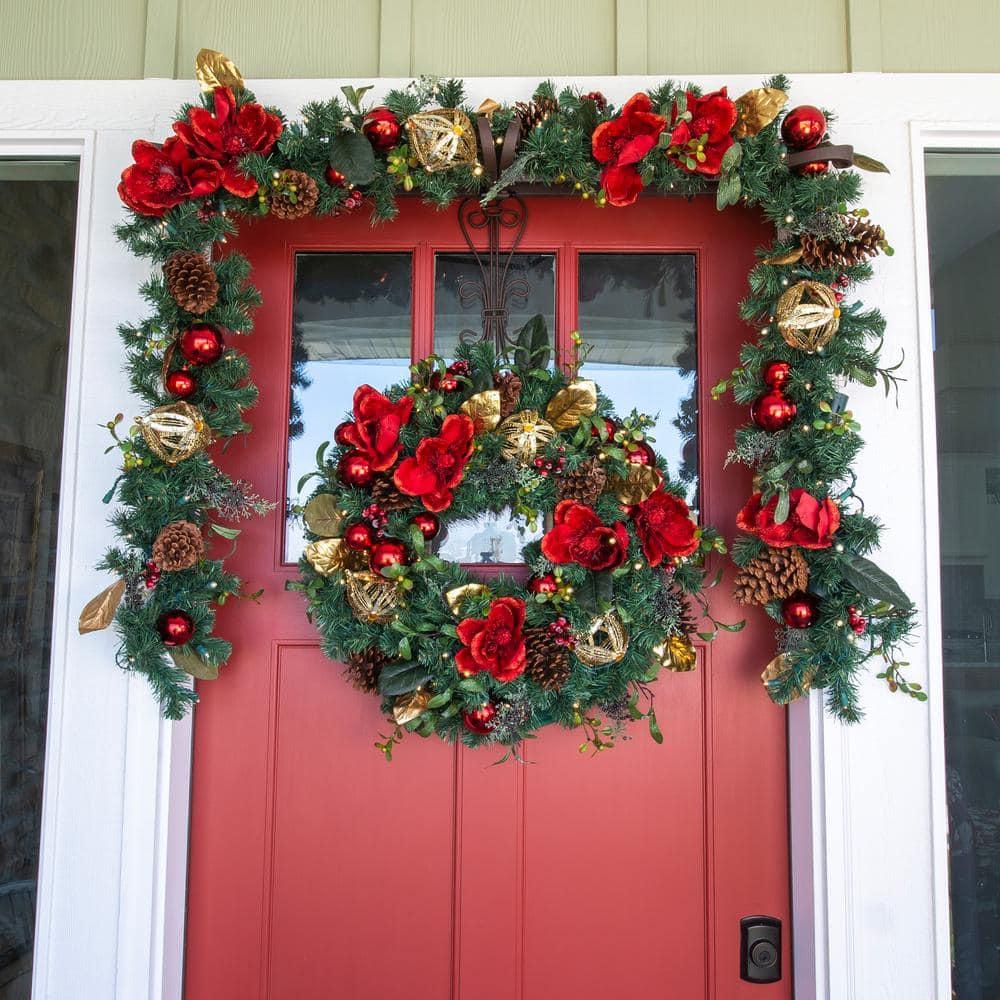 30 in. Artificial Pre-Lit LED Red Magnolia Wreath