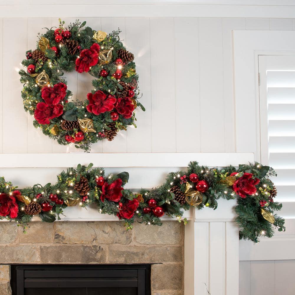 30 in. Artificial Pre-Lit LED Red Magnolia Wreath