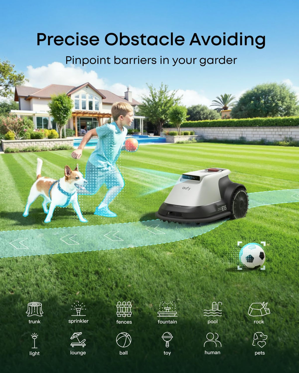 Robot Lawn Mower E15, Auto Mapping,Pure Vision Navigation, Wire RTK Free, Multi-Zone Management, AI 3D Obstacle Avoidance, GPS Anti-Theft, 0.2 Acres, 18° Slope, App Control