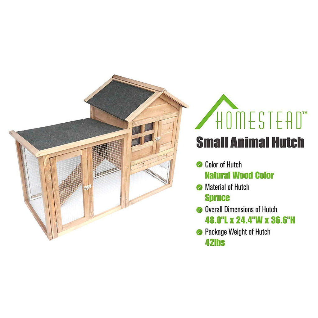 Homestead 86-438 Solid Spruce Easy to Assemble Small Animal Hutch with Heavy-Duty latches and an Asphalt roof, Assembled Dimensions 48.0"X24.4"X36.6",Natural