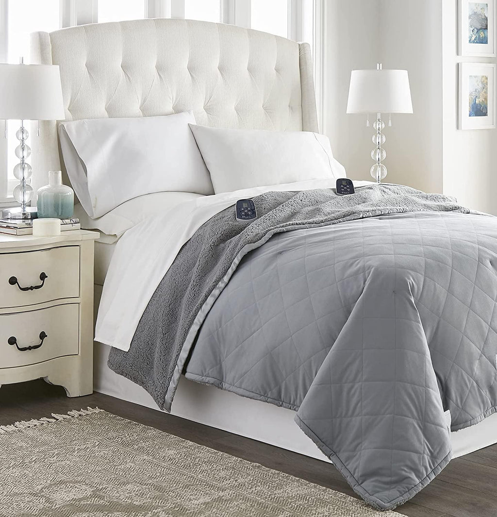 Queen-Size Heated Electric Blanket with Sherpa, Machine Wash &amp; Dry, Timer &amp; Safety Shutoff, 90Lx84W, Slate Grey