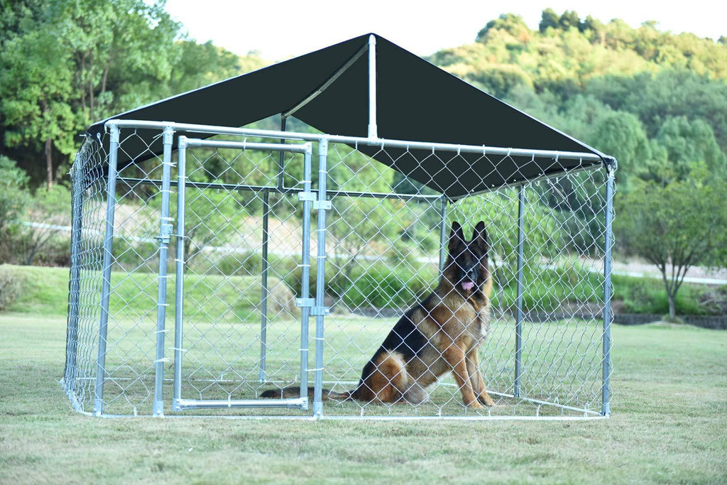 Kullavik 7.5' x 7.5' x 5' Dog Kennel Backyard Pet CaGalvanized Chain Link Crate Dog House LarPen Fence,with Black Weather Proof Roof Cover