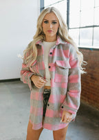 oversized fuzzy shacket - pink &amp; grey