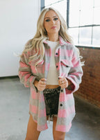 oversized fuzzy shacket - pink &amp; grey