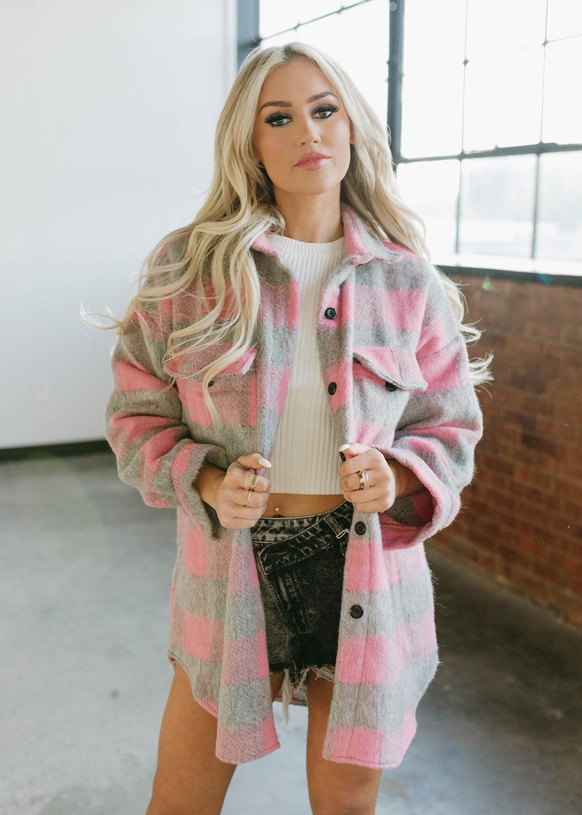 oversized fuzzy shacket - pink &amp; grey