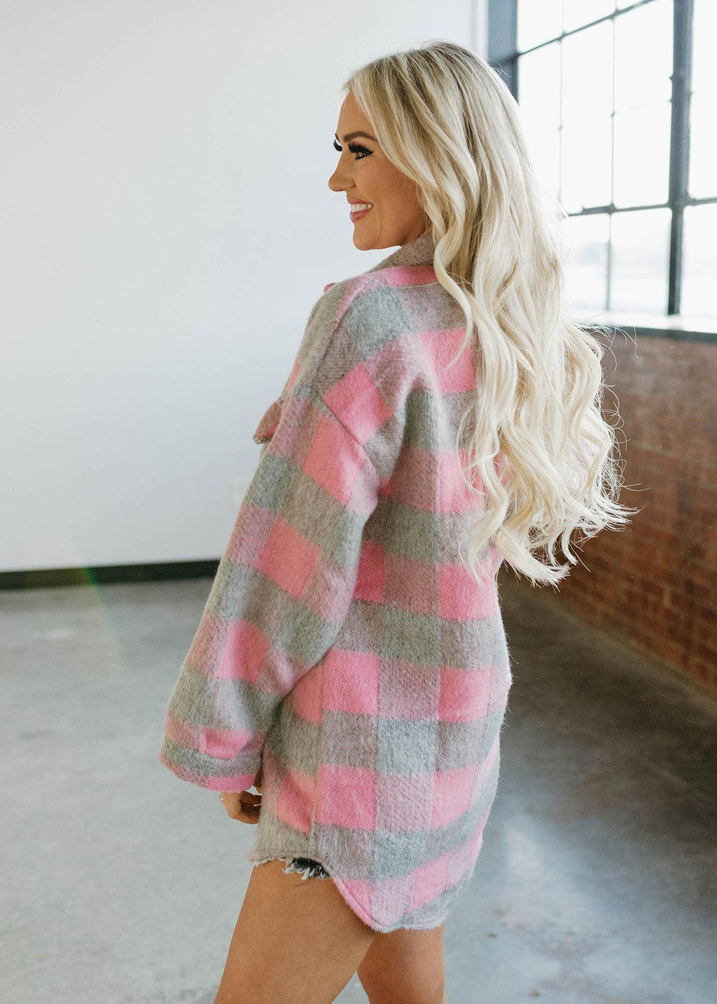 oversized fuzzy shacket - pink &amp; grey