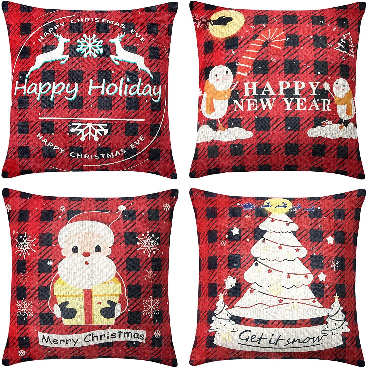 Christmas Pillowcase 1818 inch 4PCS Winter Decoration Buffalo Plaid Linen Print Santa Claus Christmas Tree Snowman elk Ornaments Sofa Decorative Pillowcase Invisible Zipper Square Pillowcase