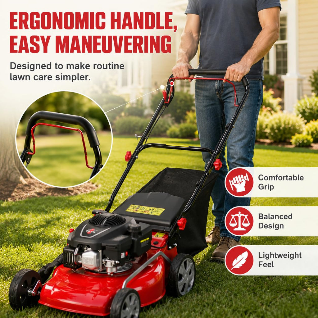 3 in 1 Self Propelled Gas Lawn Mower, 131cc 4-Stroke Engine with 50L Grass Bag &amp; Big Wheels, 3-in-1 Mulching/Side Discharge/Rear Bag, Push Button Start for Medium to LarLawns Red