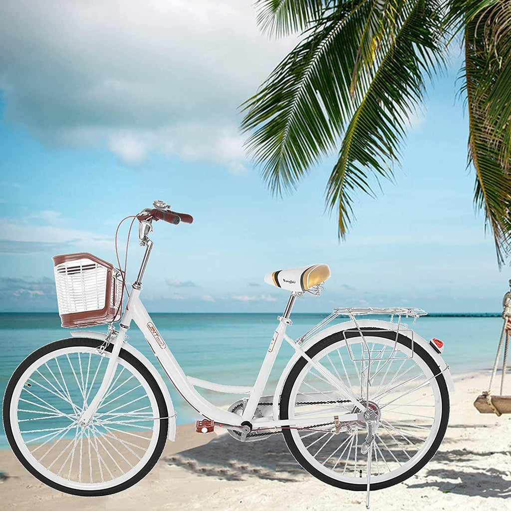 Womens Bike Complete Cruiser Bikes for Women Commuter Bike Single Speed Classic Retro Bicycle with Basket, Front and Rear Fenders, Rear Rack, and 26-Inch Wheels