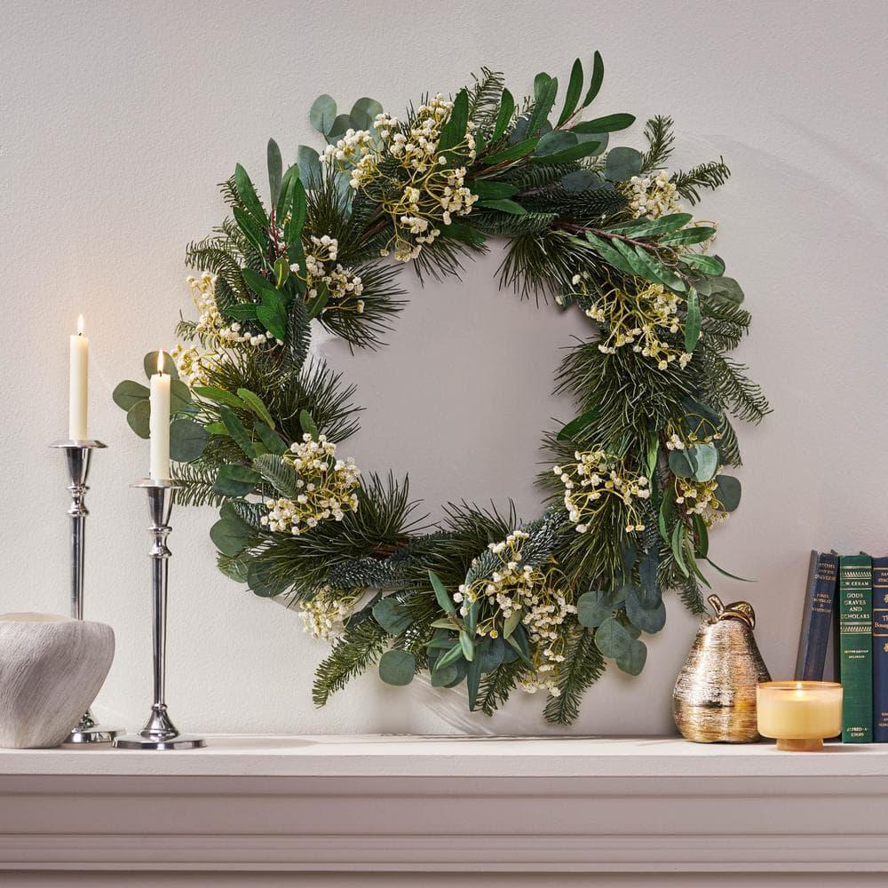Loveren 30 in. Eucalyptus and Pine Artificial Christmas Wreath with Baby's Breath