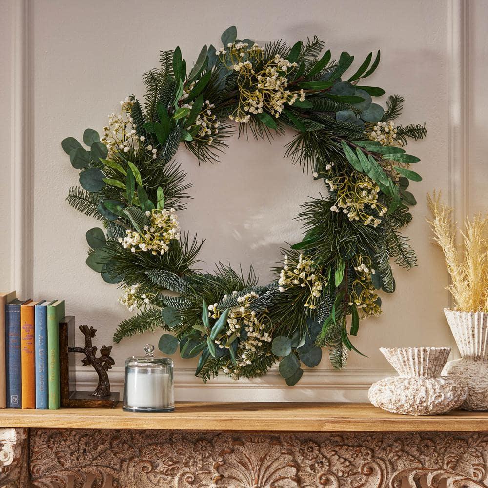 Loveren 30 in. Eucalyptus and Pine Artificial Christmas Wreath with Baby's Breath