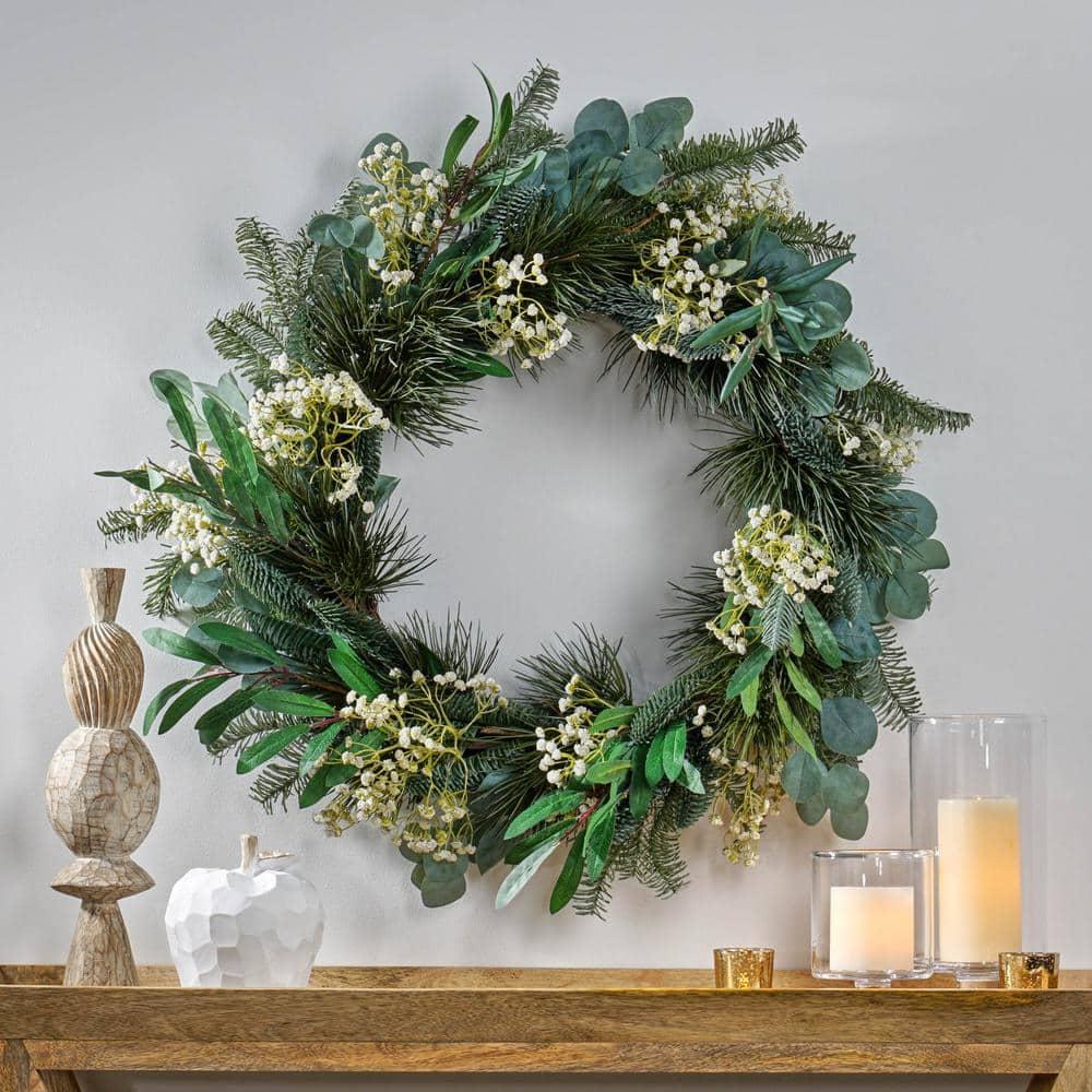 Loveren 30 in. Eucalyptus and Pine Artificial Christmas Wreath with Baby's Breath