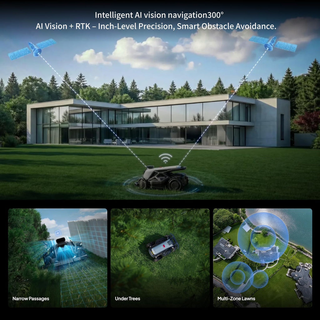 TRON Robot Lawn Mower for Up to 2400㎡, 300° Vision, NRTK V-SLAM | Wire-,AI Obstacle Avoidance, No Perimeter Wire,Smart App Control,Auto Mapping, All-Terrain Mowing,15Ah,Swappable Battery