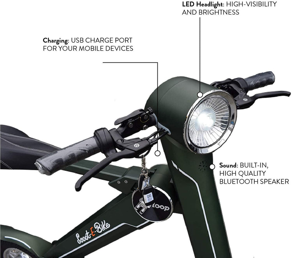 Scoot-E-Bike Folding Electric Adult Scooter - Electric Bicycle - Bluetooth Speaker - Stylish and Stable - Leather Seat - Lightweight - Excellent Range