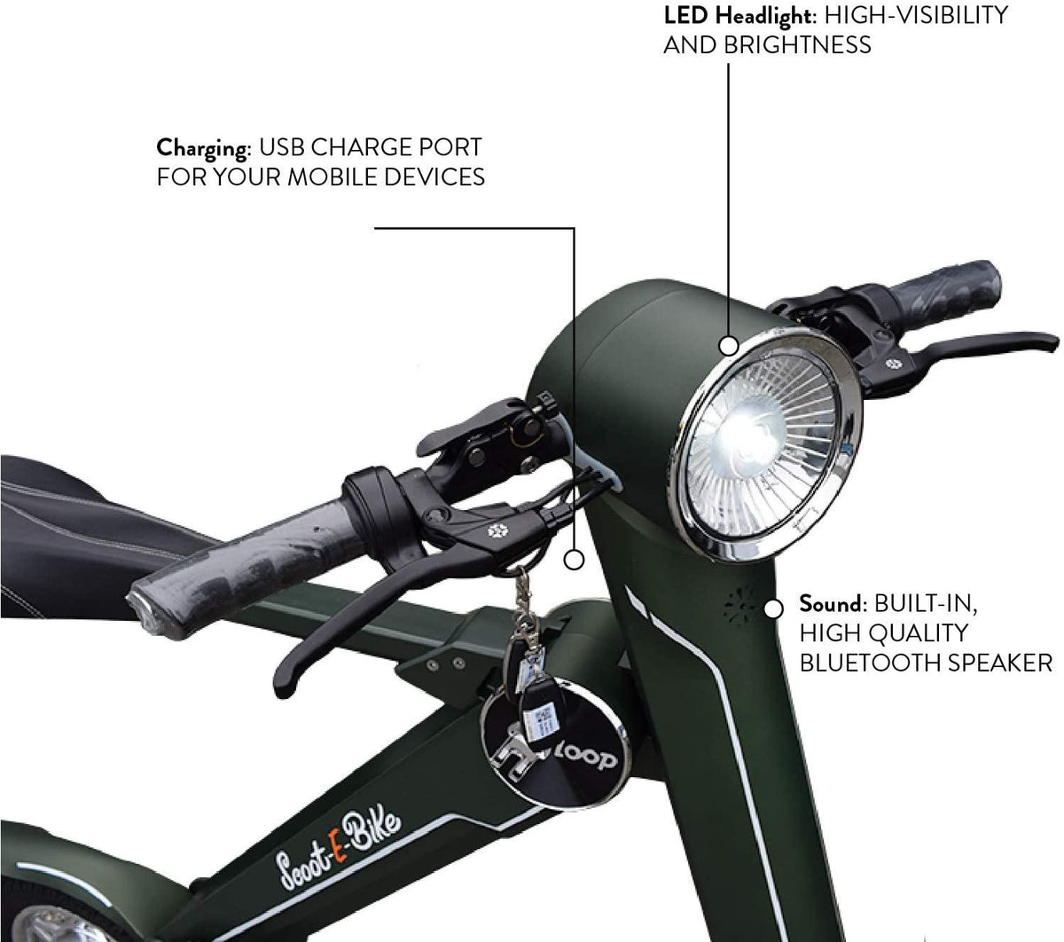 Scoot-E-Bike Folding Electric Adult Scooter - Electric Bicycle - Bluetooth Speaker - Stylish and Stable - Leather Seat - Lightweight - Excellent Range