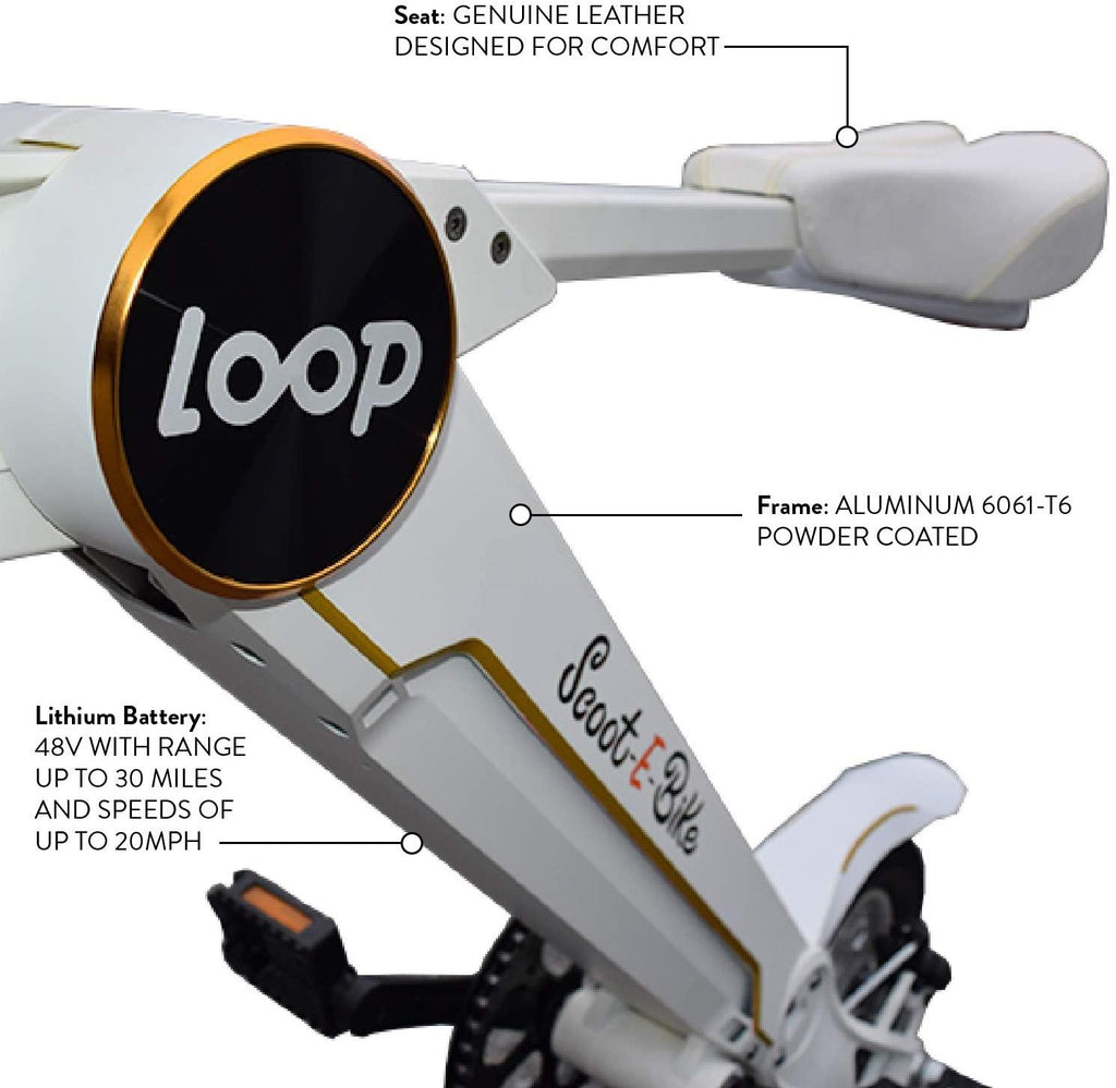 Scoot-E-Bike Folding Electric Adult Scooter - Electric Bicycle - Bluetooth Speaker - Stylish and Stable - Leather Seat - Lightweight - Excellent Range