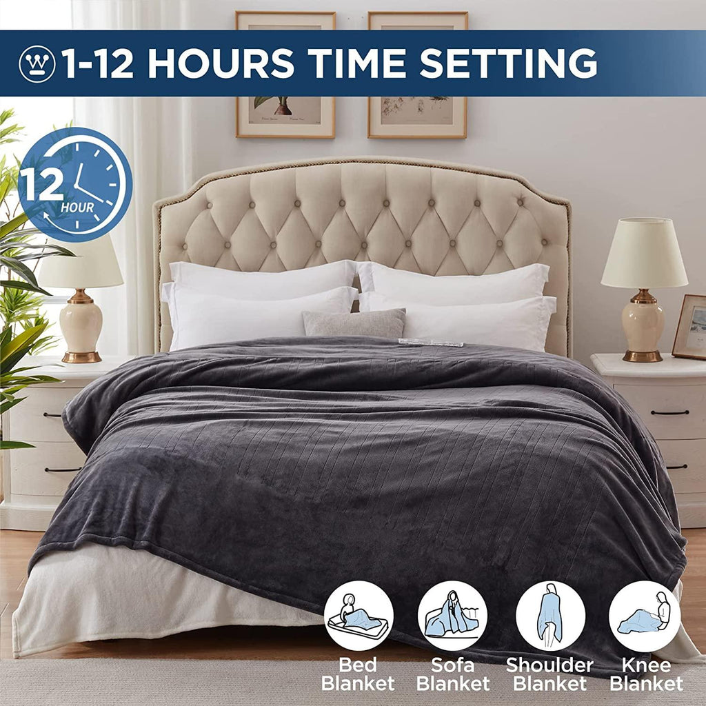 Electric Blanket Flannel | 84x90 inch Warming Heated Blanket-Home, Bed, 1-12 Hour Time Setting, Machine Washable, Grey