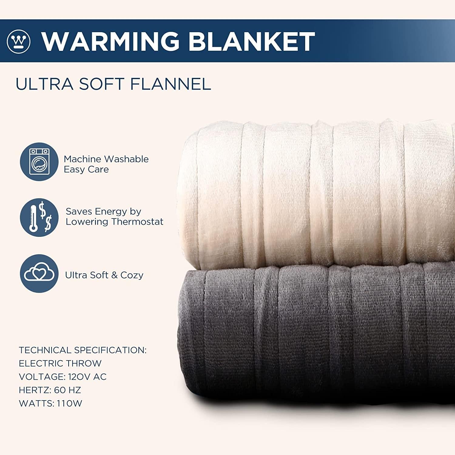 Electric Blanket Flannel | 84x90 inch Warming Heated Blanket-Home, Bed, 1-12 Hour Time Setting, Machine Washable, Grey
