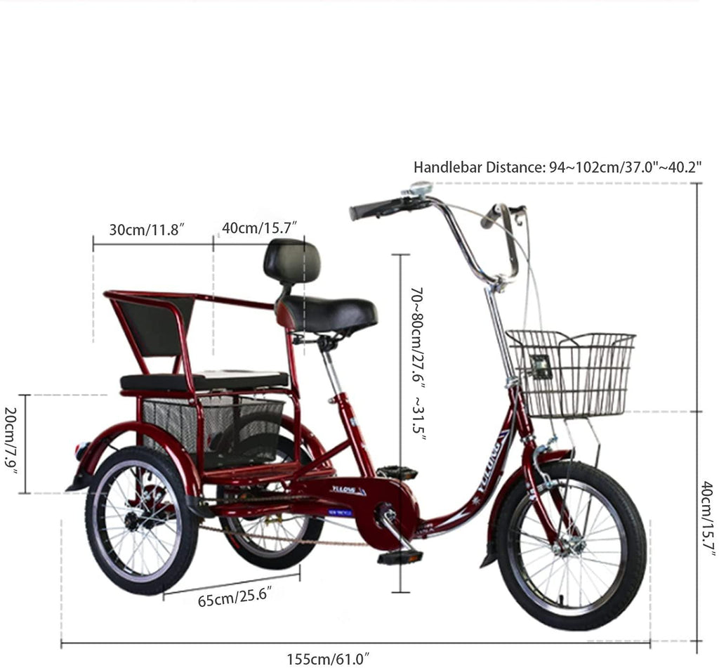 YYOBK Adult Recumbent Bikes,Tricycle for Elderly,Complete Cruiser Bikes,Comfort Bikes for Seniors,Three-Wheeled Bicycles with Shopping Basket,Back Seat,Tire Size 16 in Trike Wheels,Load 200kg