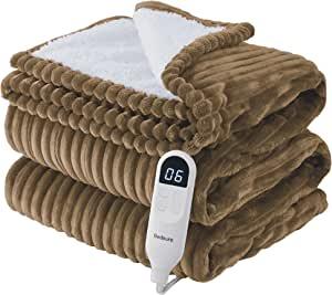 Heated Blanket Full Size - Soft Ribbed Fleece Fast Heating Electric Blanket with 6 Heating Levels  10 Time Settings, 8 Hours Auto-Off Heated Blanket (72×84 inches, Brown)