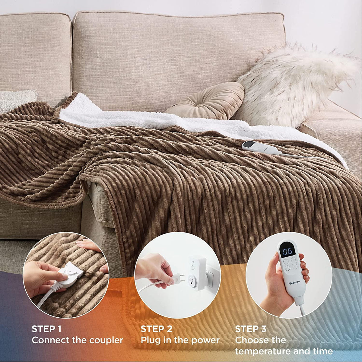 Heated Blanket Full Size - Soft Ribbed Fleece Fast Heating Electric Blanket with 6 Heating Levels  10 Time Settings, 8 Hours Auto-Off Heated Blanket (72×84 inches, Brown)