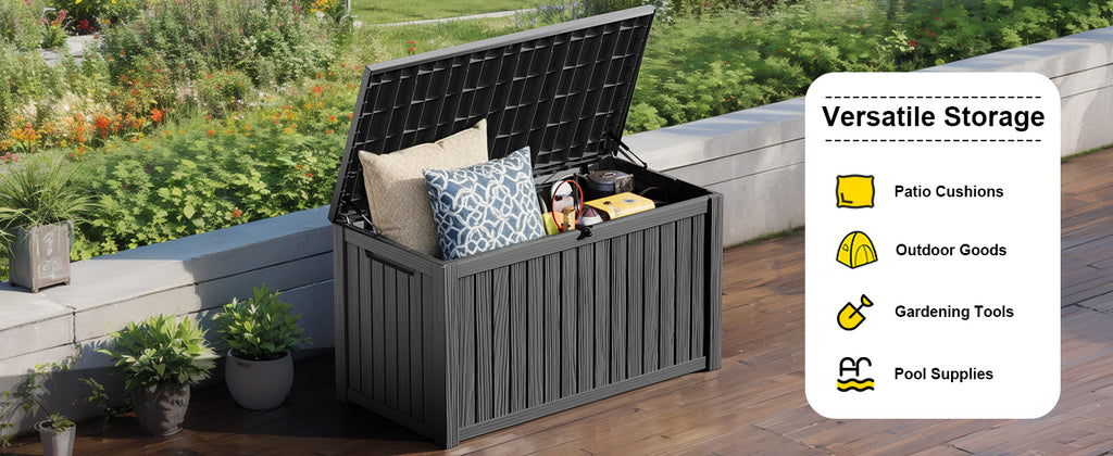 200 Gallon Outdoor Deck Box, Lockable Waterproof Outdoor StoraBoxes For Garden Tools,Indoor Cushions,Accessories Outside StoraResin Weatherproof Container(Black)