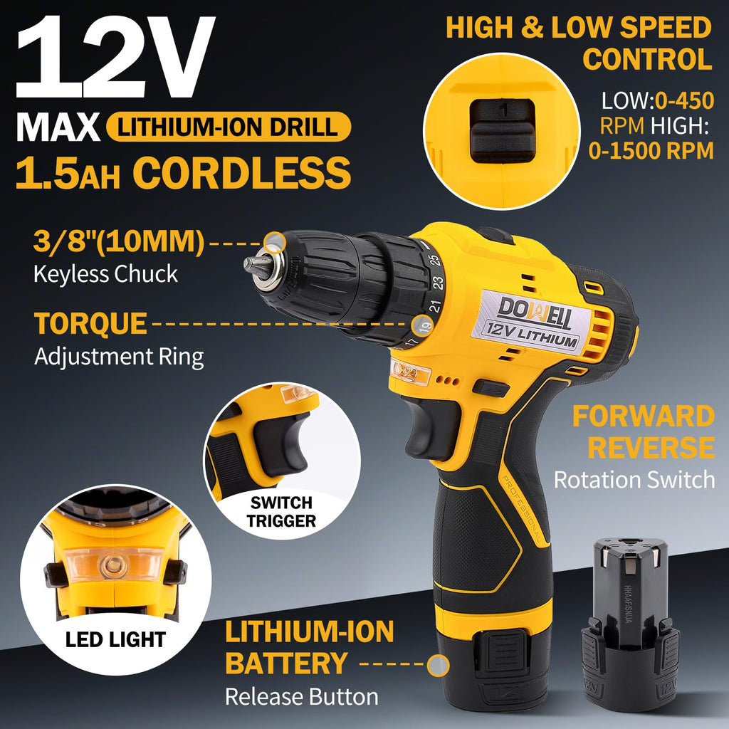 223-Piece Power Drill Tool Set, 12V Cordless Drill Driver Kit with Drawer Toolbox, Socket & Bit Set, Hex Keys, Wrench for Home Renovation, DIY Projects & GaraUse