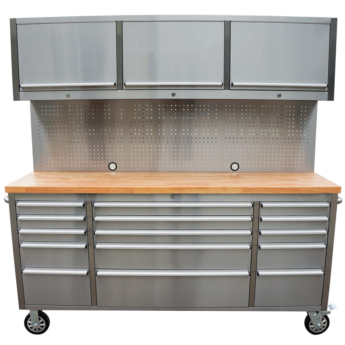 72-Inch  Steel Rolling Tool Chest with 15 Drawers + 3 Upper Cabinets, Mobile Workbench, Assembled LarTool Box Lockable StoraCabinet with Wheels for GaraWorkshop