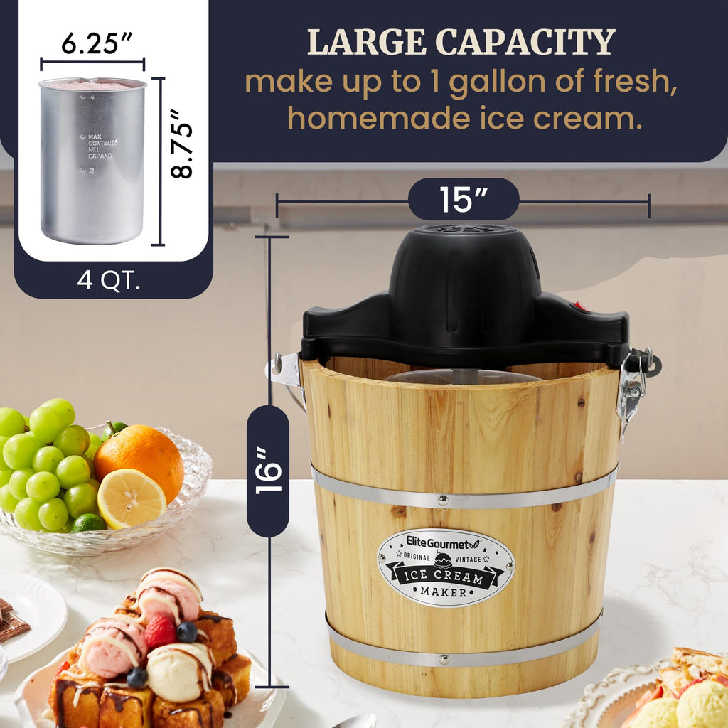 EIM402 Old Fashioned 4 Quart  Bucket Electric Ice Cream Maker Machine, Bonus Classic Die-Cast Hand Crank for Churning, Uses Ice and Rock Salt Churns Ice Cream in Minutes
