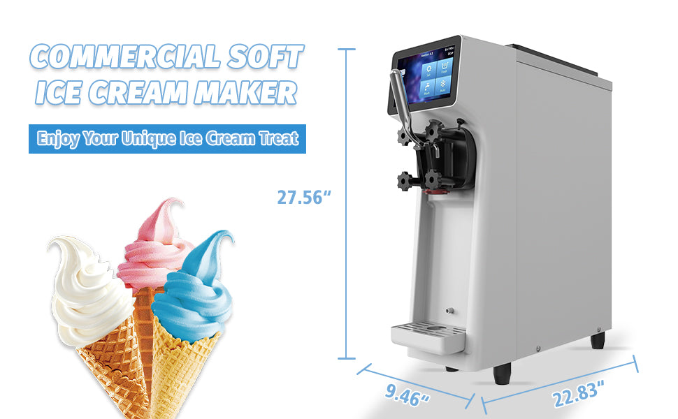Commercial Ice Cream Maker Machine 1000W 2.7 to 4 Gal/H Single Flavor Soft Serve Ice Cream Machine Pre-cooling Auto Clean LCD Touch Screen Soft Serve Maker for Snack Bar Restaurants