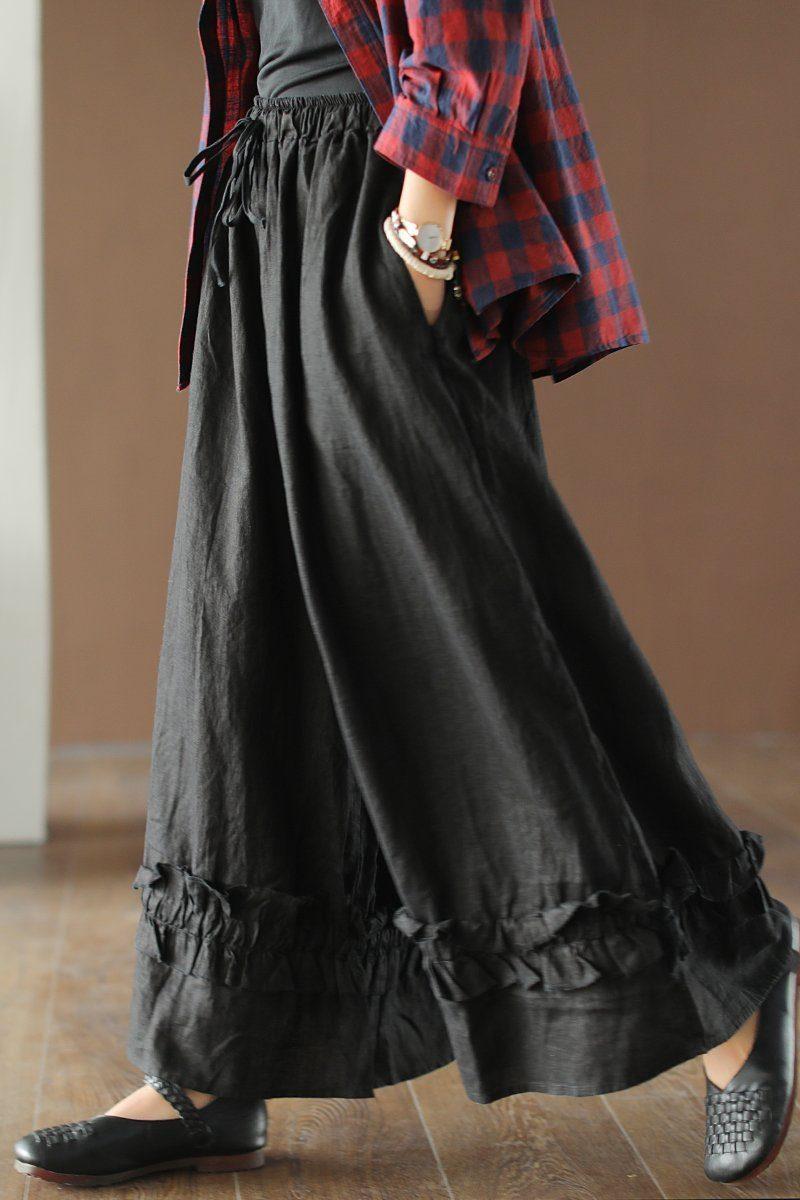 hemp casual retro loose tie wide leg pants literary pants