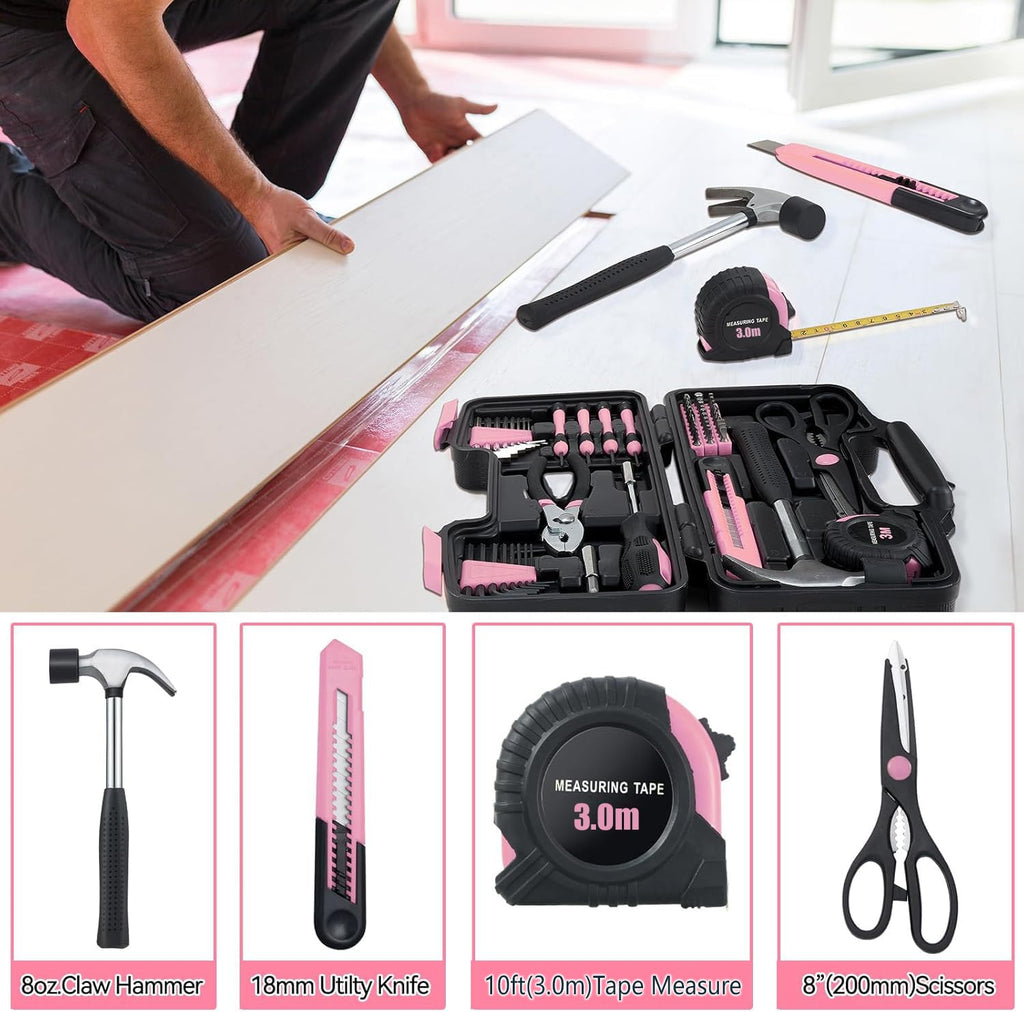 58 Piece Household Tool Set, General Household Hand Tool Kit with Plastic Toolbox StoraCase, All Purpose Household Tool Kit for Women, Girls and Ladies, Pink
