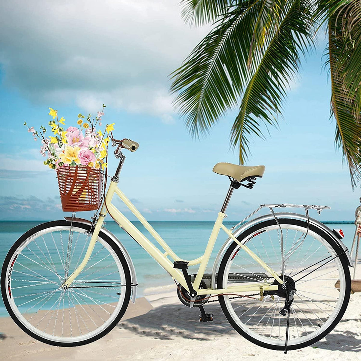 Womens Bike Complete Cruiser Bikes for Women Single Speed Classic Retro Bicycle with Basket, Front and Rear Fenders, Rear Rack, 26 Inch Comfortable Commuter Bicycle