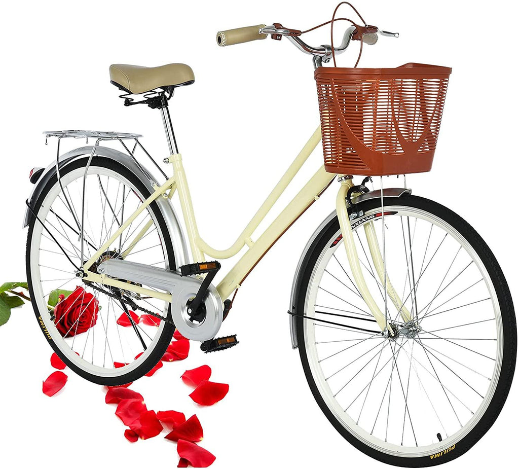 Beach Cruiser Bike for Womens 26 Inch Cruiser Bike Classic Retro Bicycle Road Bikes, Single Speed Bicycle Commuter Bicycle High-Carbon Steel Frame, Front Basket, Rear Racks