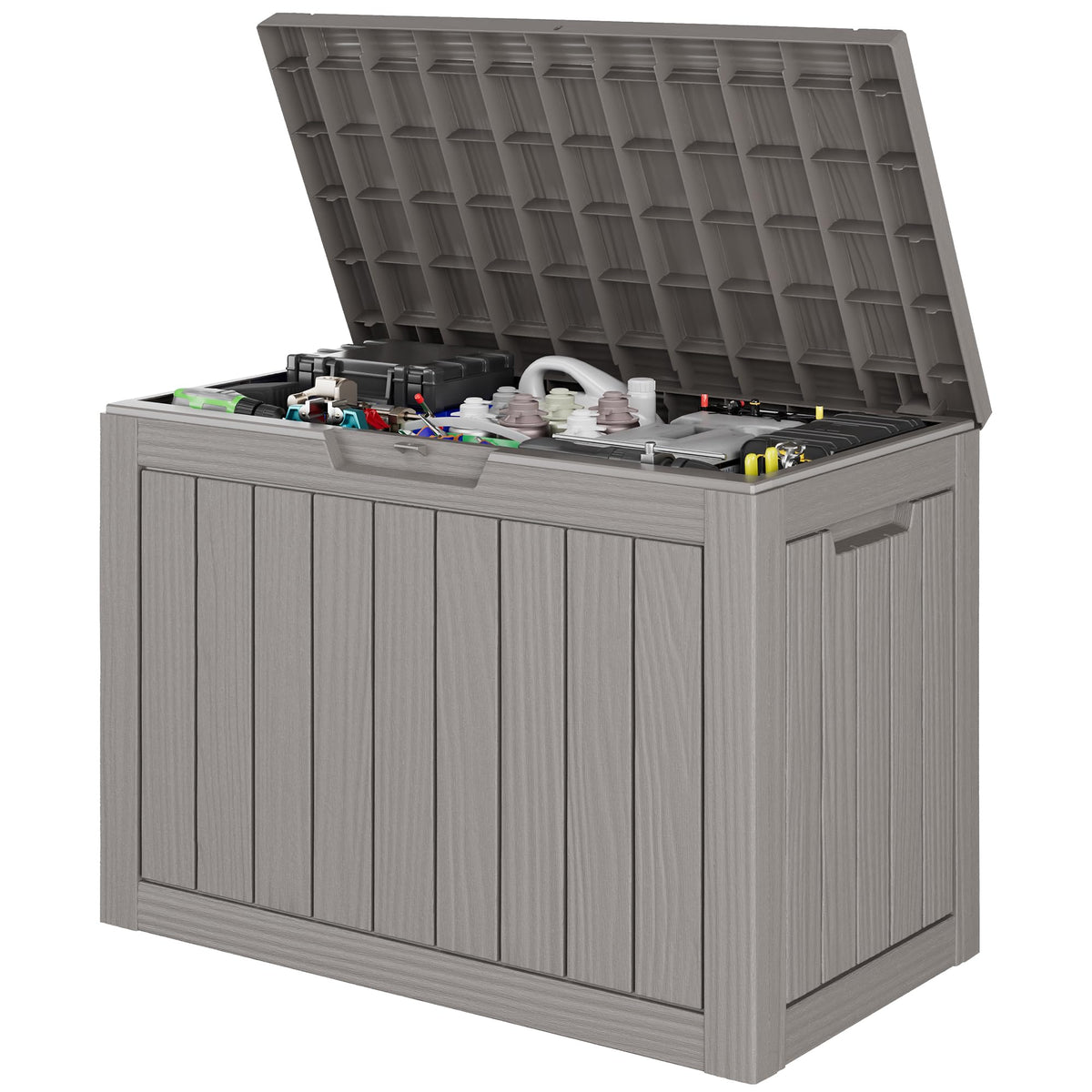 Outdoor StoraBox, 45 Gallon Deck Box with Lockable Lid, Waterproof Resin StoraBin for Cushions, Garden Tools, Patio Furniture, Grey