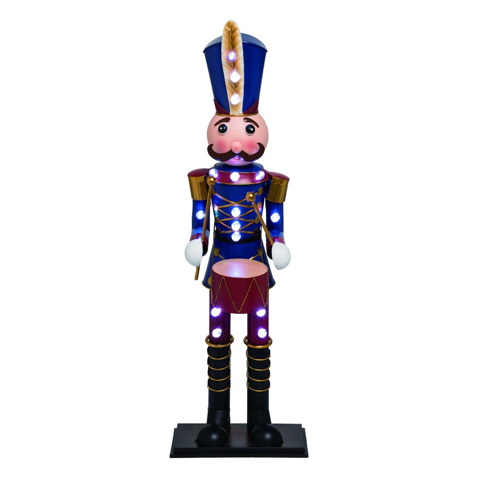 32" Blue and Black Christmas Light Up Nutcracker with Drum Decor