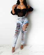 high waist ripped cutout skinny jeans