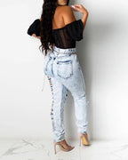 high waist ripped cutout skinny jeans