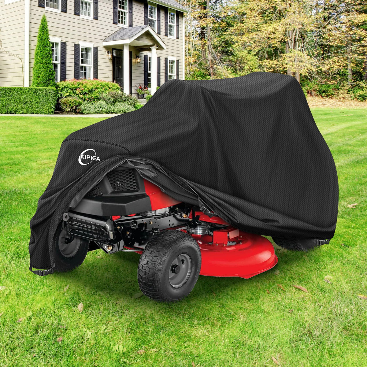 Riding Lawn Mower Cover 600D Heavy Duty Lawn Tractor Cover Waterproof, Universal Fit with 4 Buckles, 2 Drawstrings and StoraBag