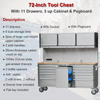 72 inch Rolling Tool Chest with 11 Drawers + 3 Upper Cabinets,  Steel Lockable Tool Cabinet with 6 Blue StoraBins & Power Strip, Assembled Tool Box for Gara(1 × HTC7214W1)